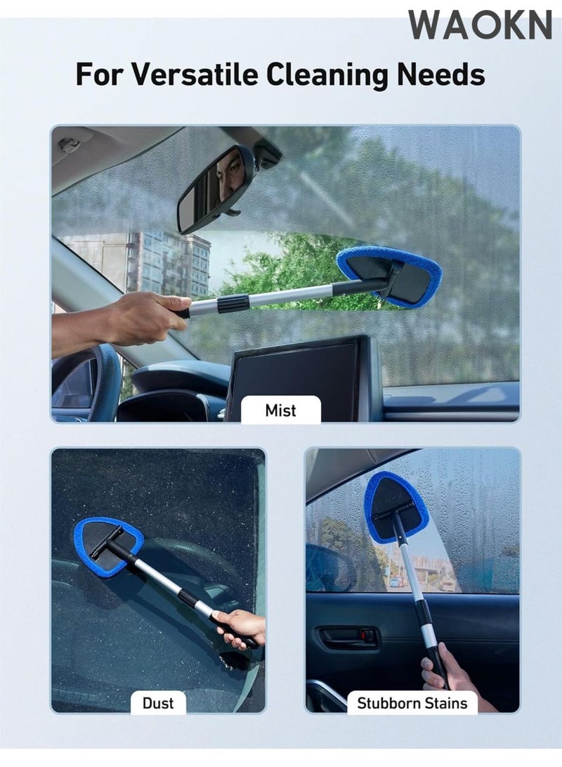 WAOKN Windshield Cleaner Tool , Car Interior Window Detailing Cleaning Kit , with Extendable Handle and 4 Easy-to-Install Reusable Microfiber Pads , Auto Glass Wiper Brush Kit for Car&Home , Comes with a 100ML bottle , Blue . - Image 2